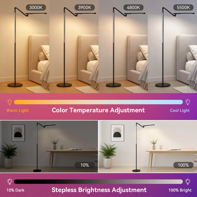 Alt view image 3 of 6 - RGB Floor Lamp Music Sync, Adjustable Tattoo Light with Remote, Black | Task & RGB Ambient Light, Adjustable CCT & Brightness, Flexible Height & Angle Adjustable, Night Light, Timer Auto Off