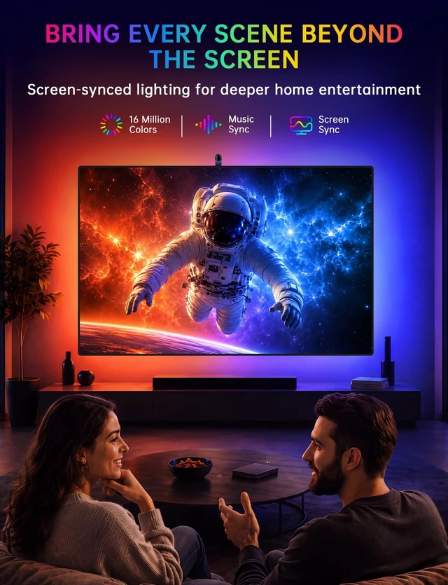 Alt view image 2 of 7 - TV LED Backlight with Sensor, LED Sync Lights for TV 55-65 Inch | Smart Camera Sync to Screen, Ambient RGB Strip Lights for Gaming & Home Theater, App Control (14.7ft)