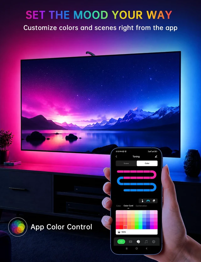 Alt view image 5 of 7 - TV LED Backlight with Sensor, LED Sync Lights for TV 55-65 Inch | Smart Camera Sync to Screen, Ambient RGB Strip Lights for Gaming & Home Theater, App Control (14.7ft)