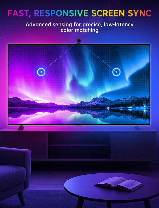Alt view image 7 of 7 - TV LED Backlight with Sensor, LED Sync Lights for TV 55-65 Inch | Smart Camera Sync to Screen, Ambient RGB Strip Lights for Gaming & Home Theater, App Control (14.7ft)