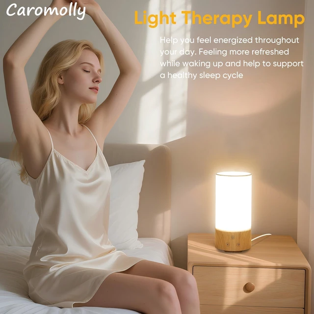 Alt view image 2 of 7 - Light Therapy Lamp, Happy Lamp 10,000 LUX UV Free with 3 Color Temperature & 5 Brightness Level, Full Spectrum Light Wood Base Round Flaxen Fabric Shade for Home, Office, White Linen