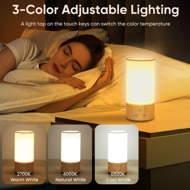 Alt view image 4 of 7 - Light Therapy Lamp, Happy Lamp 10,000 LUX UV Free with 3 Color Temperature & 5 Brightness Level, Full Spectrum Light Wood Base Round Flaxen Fabric Shade for Home, Office, White Linen