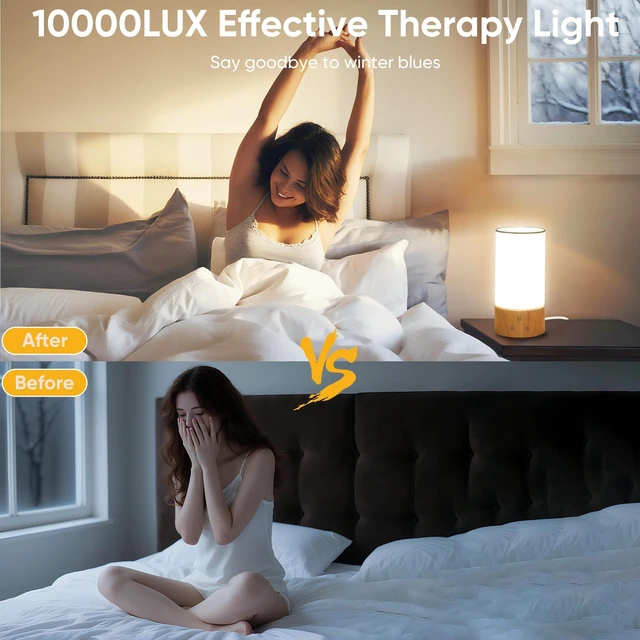 Alt view image 5 of 7 - Light Therapy Lamp, Happy Lamp 10,000 LUX UV Free with 3 Color Temperature & 5 Brightness Level, Full Spectrum Light Wood Base Round Flaxen Fabric Shade for Home, Office, White Linen