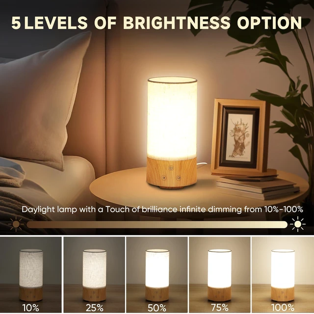 Alt view image 3 of 7 - Light Therapy Lamp, Happy Lamp 10,000 LUX UV Free with 3 Color Temperature & 5 Brightness Level, Full Spectrum Light Wood Base Round Flaxen Fabric Shade for Home, Office, White Linen