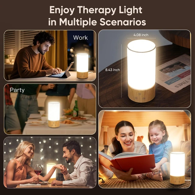 Alt view image 6 of 7 - Light Therapy Lamp, Happy Lamp 10,000 LUX UV Free with 3 Color Temperature & 5 Brightness Level, Full Spectrum Light Wood Base Round Flaxen Fabric Shade for Home, Office, White Linen