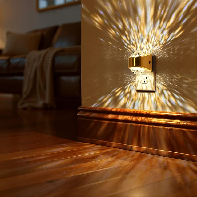 Alt view image 7 of 7 - Night Light, Gold Night Lights Plug into Wall 2Pack LED Projector | Soft White Night Light for Bedroom, Dimmable Brightness Dusk to Dawn Nightlight for Bathroom, Gaming Room, Home Decor