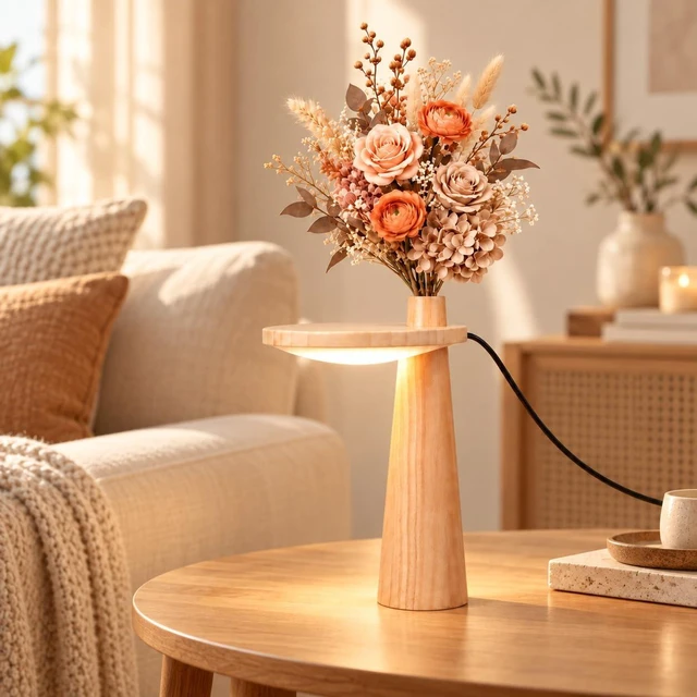 Main image of Wooden Table Lamp with Vase | 2-in-1 Ambient Desk Lamp & Flower Vase, Modern Home Decor Lighting for Bedroom & Living Room
