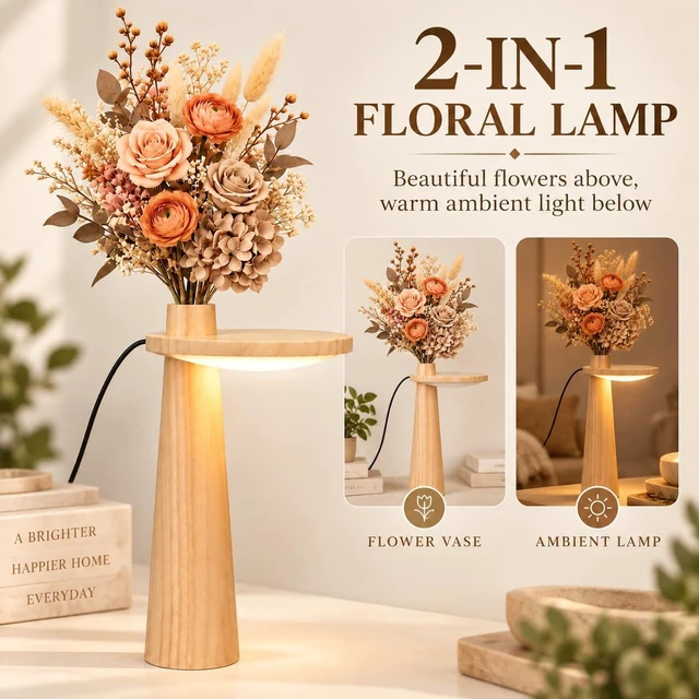Alt view image 2 of 7 - Wooden Table Lamp with Vase | 2-in-1 Ambient Desk Lamp & Flower Vase, Modern Home Decor Lighting for Bedroom & Living Room