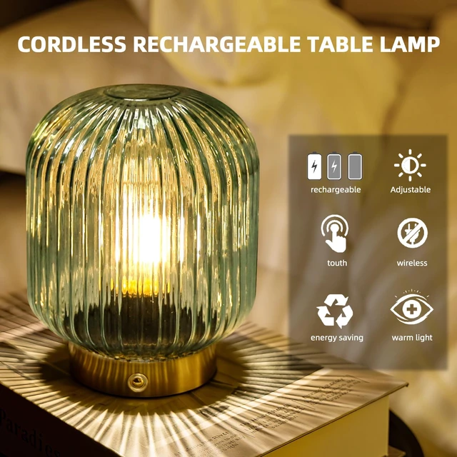 Alt view image 2 of 7 - Rechargeable Table Lamp,Cordless Lamp with Memory Function,Green | Small Glass LED Lamp with Dimmable Brightness, Decorative Touch Lamps for Bedroom Living Room