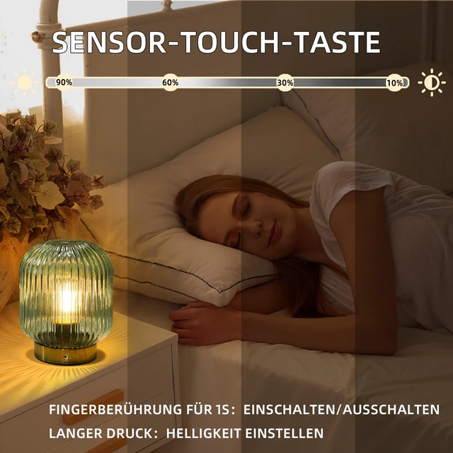 Alt view image 4 of 7 - Rechargeable Table Lamp,Cordless Lamp with Memory Function,Green | Small Glass LED Lamp with Dimmable Brightness, Decorative Touch Lamps for Bedroom Living Room