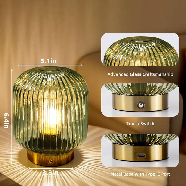 Alt view image 5 of 7 - Rechargeable Table Lamp,Cordless Lamp with Memory Function,Green | Small Glass LED Lamp with Dimmable Brightness, Decorative Touch Lamps for Bedroom Living Room