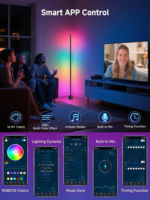 Alt view image 4 of 7 - LED Corner Floor Lamp, Smart RGB Ambient Corner Light for Living Room | 16 Million Colors, App & Remote Control, Music Sync, Timer Setting, Mood Lighting, Standing LED Lamp for Bedroom, Gaming Room