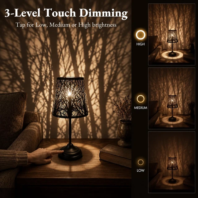 Alt view image 2 of 7 - Touch Table Lamp, Tree Shadow Projection, 3-Level Shadow Lamp | Vintage Bedside Night Light, Black Metal Lamp Small Lamp for Small Spaces, Decorative Accent Lamp Bedroom Decor Mood Lighting