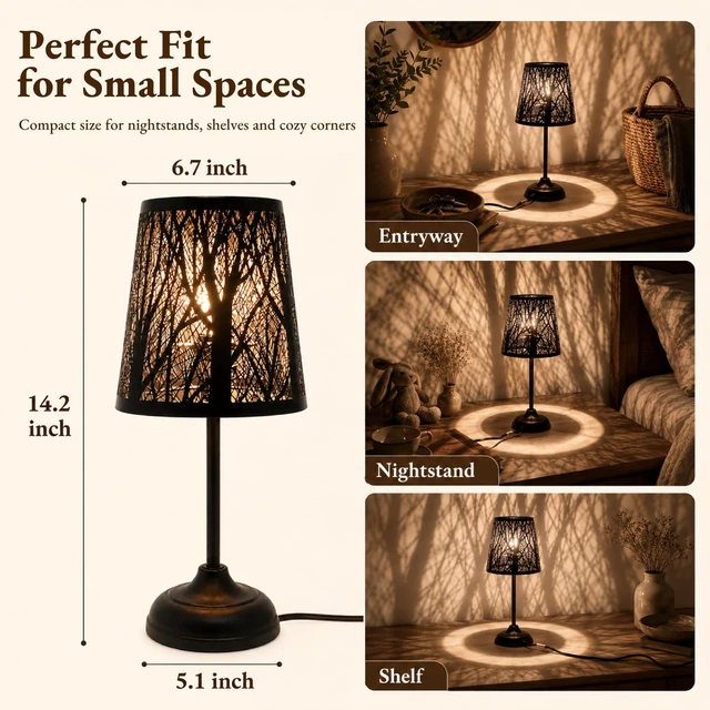 Alt view image 5 of 7 - Touch Table Lamp, Tree Shadow Projection, 3-Level Shadow Lamp | Vintage Bedside Night Light, Black Metal Lamp Small Lamp for Small Spaces, Decorative Accent Lamp Bedroom Decor Mood Lighting