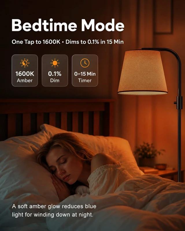 Alt view image 2 of 7 - LED Arc Floor Lamp, RGB Color Changing, 65", 350° Swivel Shade | Magnetic remote, 1600K amber & 4000K daylight, 0.1%-100% dimmable, 1200 lm, woven linen shade for living rooms & reading