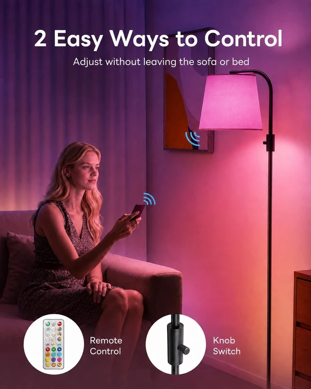 Alt view image 3 of 7 - LED Arc Floor Lamp, RGB Color Changing, 65", 350° Swivel Shade | Magnetic remote, 1600K amber & 4000K daylight, 0.1%-100% dimmable, 1200 lm, woven linen shade for living rooms & reading