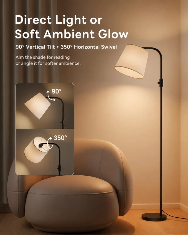 Alt view image 5 of 7 - LED Arc Floor Lamp, RGB Color Changing, 65", 350° Swivel Shade | Magnetic remote, 1600K amber & 4000K daylight, 0.1%-100% dimmable, 1200 lm, woven linen shade for living rooms & reading