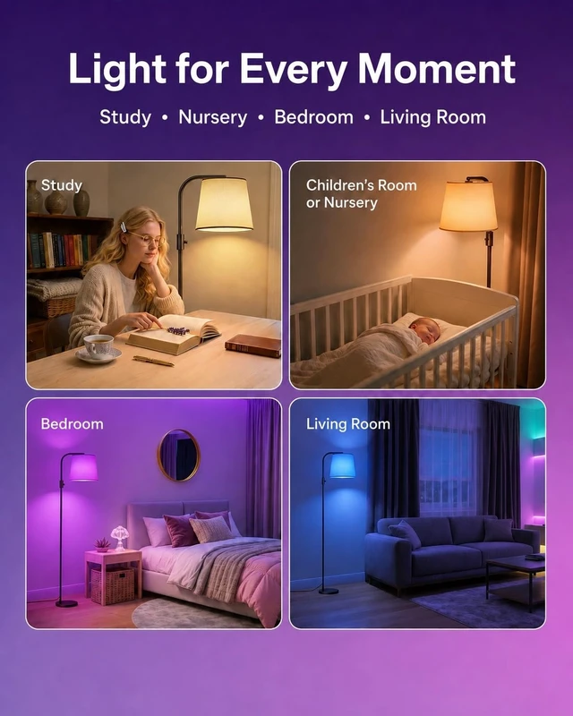 Alt view image 6 of 7 - LED Arc Floor Lamp, RGB Color Changing, 65", 350° Swivel Shade | Magnetic remote, 1600K amber & 4000K daylight, 0.1%-100% dimmable, 1200 lm, woven linen shade for living rooms & reading