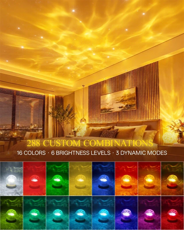 Alt view image 2 of 7 - Ocean Projector for Bedroom,16 Colors Led Ambient Lighting for Girls Gift | Sunset/Ocean/Northern Wave Lamp,6 Brightness, 1 Hr Timer, Made of Glass & Wood, for Bedroom,Bathroom,Dorm,Room & Night Light
