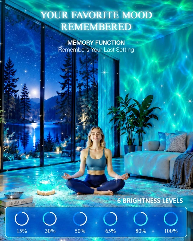 Alt view image 3 of 7 - Ocean Projector for Bedroom,16 Colors Led Ambient Lighting for Girls Gift | Sunset/Ocean/Northern Wave Lamp,6 Brightness, 1 Hr Timer, Made of Glass & Wood, for Bedroom,Bathroom,Dorm,Room & Night Light
