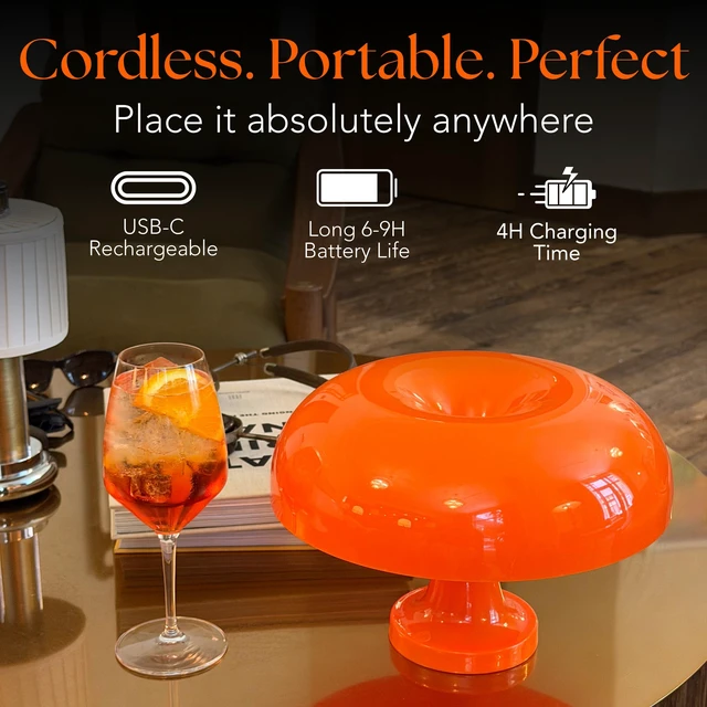 Alt view image 2 of 7 - Orange Mushroom Lamp Cordless Rechargeable Touch Dimmable Desk lamp | Wireless dimmable desk lamp, ideal for reading, studying, or decor