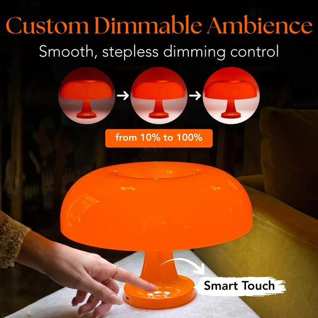 Alt view image 3 of 7 - Orange Mushroom Lamp Cordless Rechargeable Touch Dimmable Desk lamp | Wireless dimmable desk lamp, ideal for reading, studying, or decor