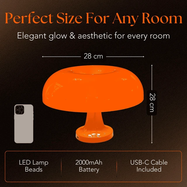 Alt view image 6 of 7 - Orange Mushroom Lamp Cordless Rechargeable Touch Dimmable Desk lamp | Wireless dimmable desk lamp, ideal for reading, studying, or decor