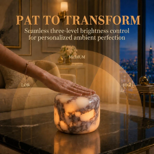 Alt view image 2 of 7 - 100% Marble Touch Pat Lamp, Unique Natural Stone Small Night Table Lamp, Type-C Rechargeable 3-Way Dimmable Bedside Lamp, Warm Ambient Lighting for Bedroom (Calacatta Purple)