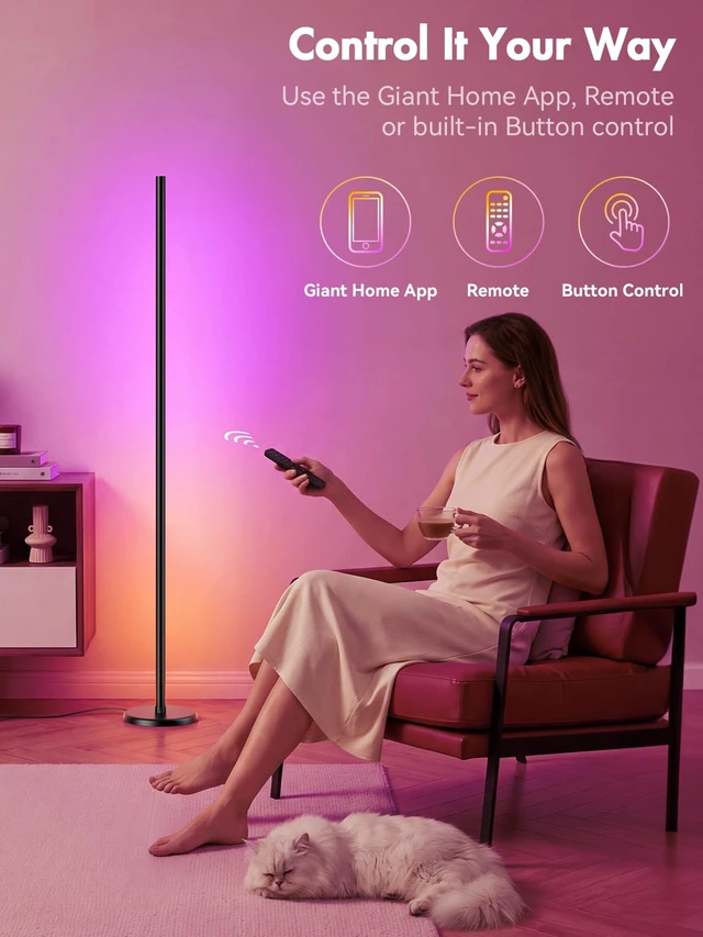 Alt view image 2 of 7 - RGBICW Corner Floor Lamp, Smart LED Floor Lamp for Ambient Lighting with 16 Million Colors, App & Remote Control, 68 Scene Modes, Music Sync, Adjustable Warm White for Bedroom Living Room