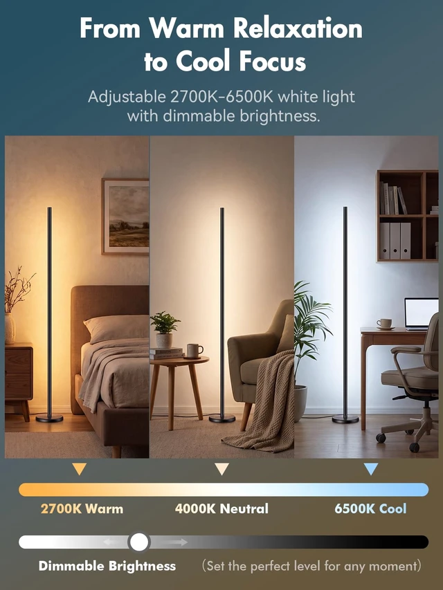 Alt view image 4 of 7 - RGBICW Corner Floor Lamp, Smart LED Floor Lamp for Ambient Lighting with 16 Million Colors, App & Remote Control, 68 Scene Modes, Music Sync, Adjustable Warm White for Bedroom Living Room