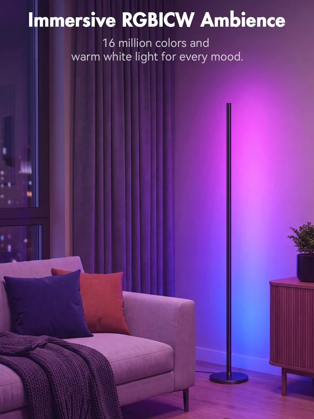 Alt view image 3 of 7 - RGBICW Corner Floor Lamp, Smart LED Floor Lamp for Ambient Lighting with 16 Million Colors, App & Remote Control, 68 Scene Modes, Music Sync, Adjustable Warm White for Bedroom Living Room