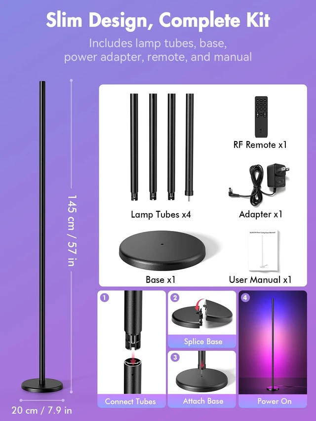Alt view image 7 of 7 - RGBICW Corner Floor Lamp, Smart LED Floor Lamp for Ambient Lighting with 16 Million Colors, App & Remote Control, 68 Scene Modes, Music Sync, Adjustable Warm White for Bedroom Living Room