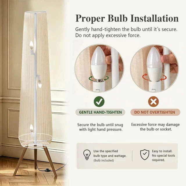 Alt view image 3 of 7 - 61'' Oatmeal Fabric Pleated Floor Lamp, Walnut Wood Tripod Base | 3 Built-in Light Sockets Standing Lamp, Soft Ambient Lighting Boho Wabi-Sabi Style Lamp for Living Room Bedroom Home Decor