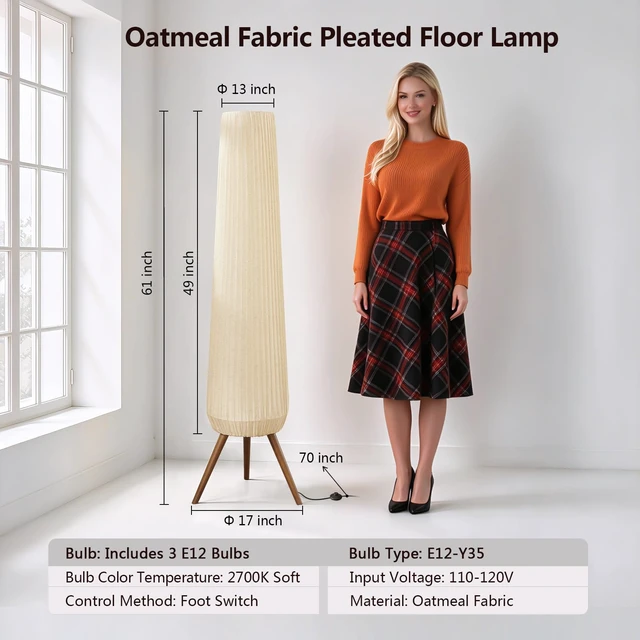 Alt view image 5 of 7 - 61'' Oatmeal Fabric Pleated Floor Lamp, Walnut Wood Tripod Base | 3 Built-in Light Sockets Standing Lamp, Soft Ambient Lighting Boho Wabi-Sabi Style Lamp for Living Room Bedroom Home Decor