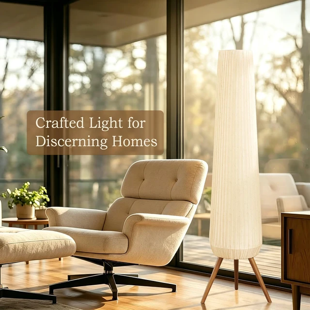 Alt view image 7 of 7 - 61'' Oatmeal Fabric Pleated Floor Lamp, Walnut Wood Tripod Base | 3 Built-in Light Sockets Standing Lamp, Soft Ambient Lighting Boho Wabi-Sabi Style Lamp for Living Room Bedroom Home Decor