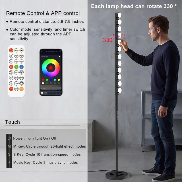 Alt view image 3 of 6 - Led Floor Lamp with 12 Rotatable Lighting Sources, 24W RGB+IC Tall Corner Standing Lamp for Living Room Bedroom, Color Changing Music Sync Ambient Floor Light with APP and Remote Control