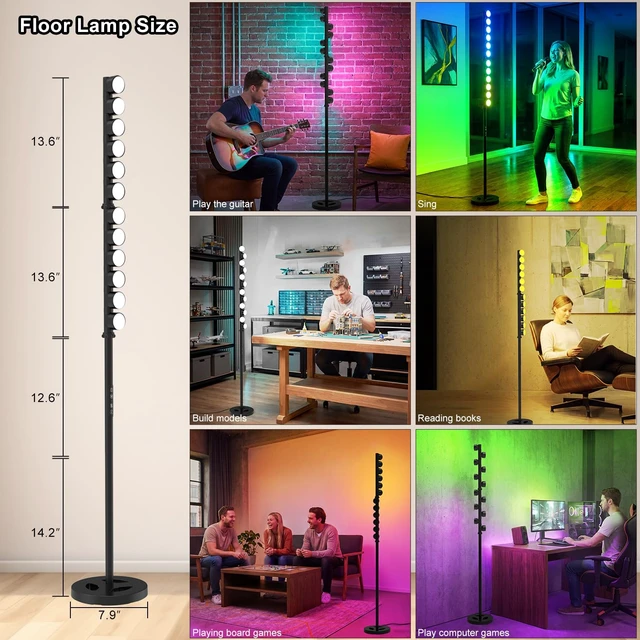 Alt view image 4 of 6 - Led Floor Lamp with 12 Rotatable Lighting Sources, 24W RGB+IC Tall Corner Standing Lamp for Living Room Bedroom, Color Changing Music Sync Ambient Floor Light with APP and Remote Control