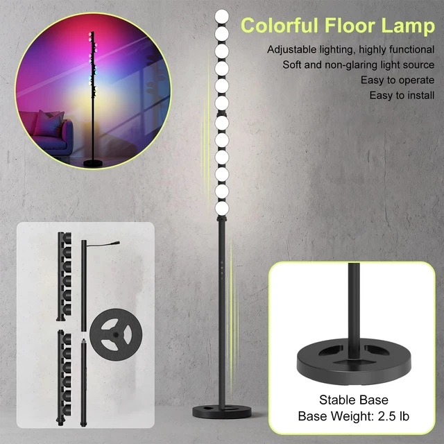 Alt view image 5 of 6 - Led Floor Lamp with 12 Rotatable Lighting Sources, 24W RGB+IC Tall Corner Standing Lamp for Living Room Bedroom, Color Changing Music Sync Ambient Floor Light with APP and Remote Control
