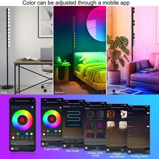 Alt view image 6 of 6 - Led Floor Lamp with 12 Rotatable Lighting Sources, 24W RGB+IC Tall Corner Standing Lamp for Living Room Bedroom, Color Changing Music Sync Ambient Floor Light with APP and Remote Control