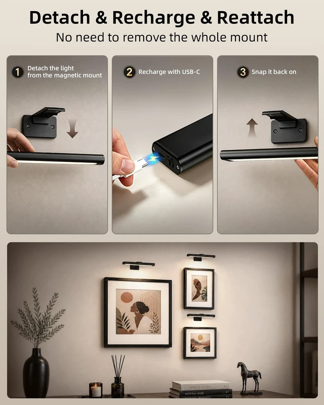 Alt view image 7 of 7 - Picture Light for Wall, Rechargeable 2400mAh Lights Wireless with IR Remote, 3 Color & Dimmable Magnetic 7.8'' LED Lights Display for Painting, Living Room, Gallery, Bedroom(Black-3P)