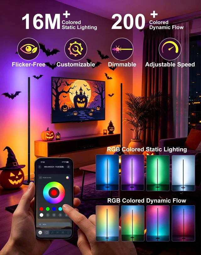 Alt view image 3 of 7 - RGB Corner Floor Lamp, Remote & App Control, Music Sync Ambient Light | 31"/47"/63" Adjustable Height, 16M DIY Colors, 200+ Dynamic Modes, 33 Themes, Timer Function for Gaming, Living Room, Bedroom