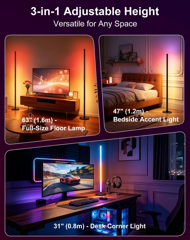 Alt view image 2 of 7 - RGB Corner Floor Lamp, Remote & App Control, Music Sync Ambient Light | 31"/47"/63" Adjustable Height, 16M DIY Colors, 200+ Dynamic Modes, 33 Themes, Timer Function for Gaming, Living Room, Bedroom