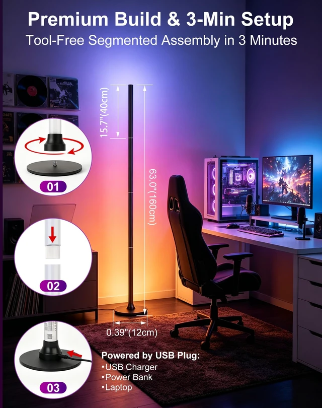 Alt view image 7 of 7 - RGB Corner Floor Lamp, Remote & App Control, Music Sync Ambient Light | 31"/47"/63" Adjustable Height, 16M DIY Colors, 200+ Dynamic Modes, 33 Themes, Timer Function for Gaming, Living Room, Bedroom