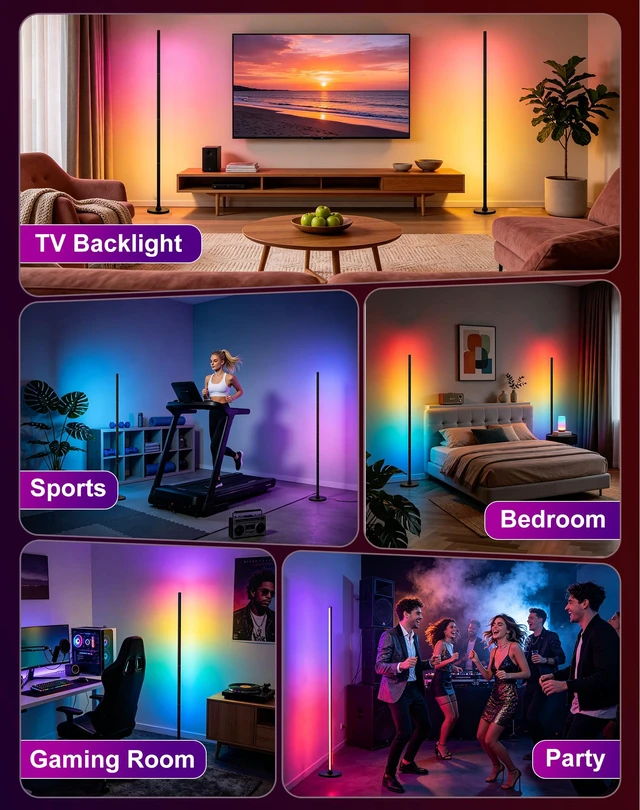 Alt view image 6 of 7 - RGB Corner Floor Lamp, Remote & App Control, Music Sync Ambient Light | 31"/47"/63" Adjustable Height, 16M DIY Colors, 200+ Dynamic Modes, 33 Themes, Timer Function for Gaming, Living Room, Bedroom