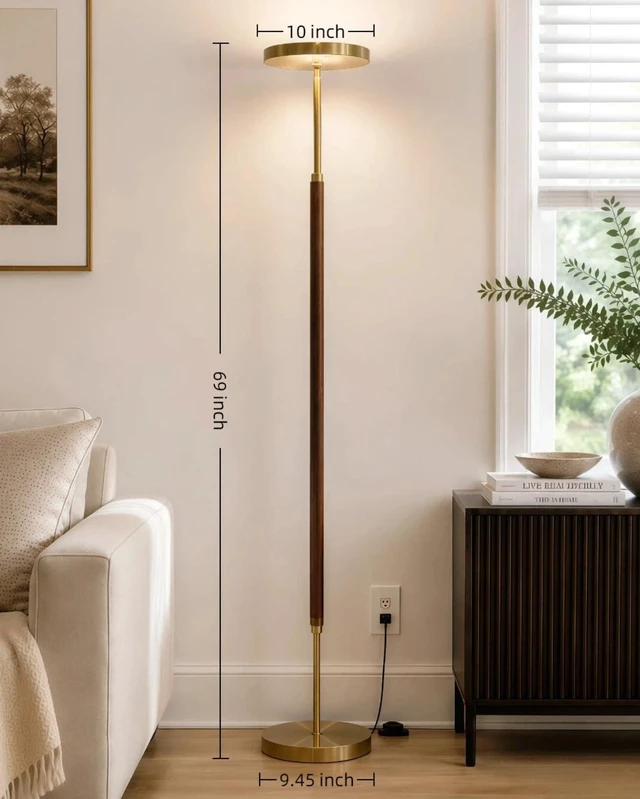 Alt view image 4 of 7 - Wood LED Torchiere Floor Lamp with Remote, 3000LM Dimmable | 69" Tall Uplight, 2700K-6500K Color Temperature, 1-Hour Timer, Eye-Caring Lighting, For Living Room, Bedroom & Office
