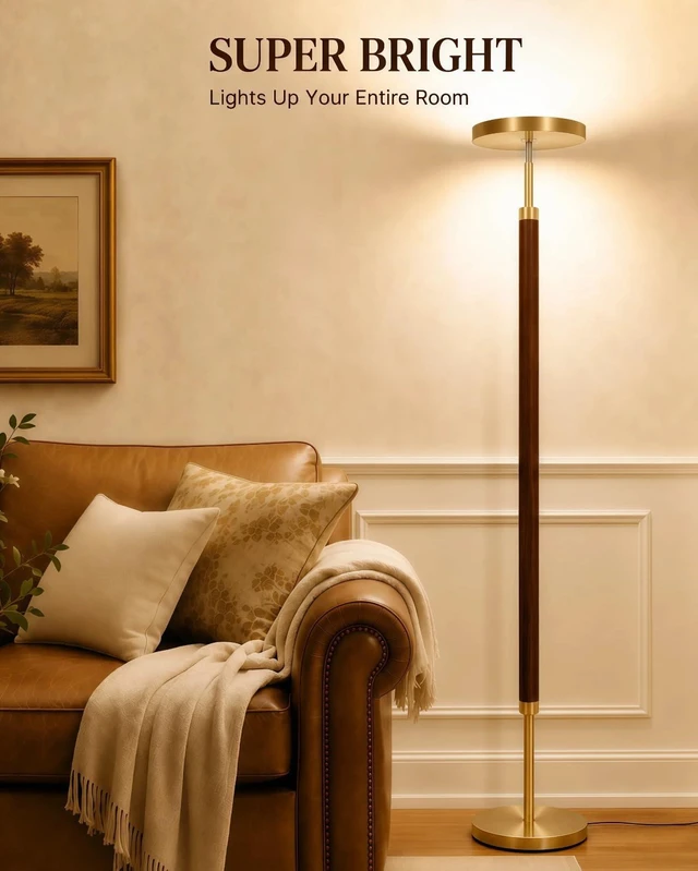 Alt view image 5 of 7 - Wood LED Torchiere Floor Lamp with Remote, 3000LM Dimmable | 69" Tall Uplight, 2700K-6500K Color Temperature, 1-Hour Timer, Eye-Caring Lighting, For Living Room, Bedroom & Office