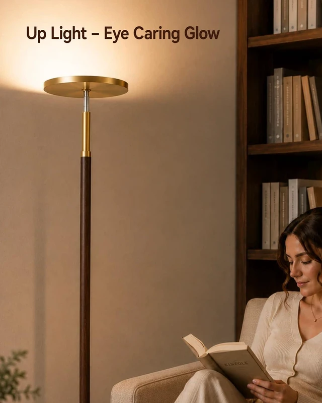 Alt view image 6 of 7 - Wood LED Torchiere Floor Lamp with Remote, 3000LM Dimmable | 69" Tall Uplight, 2700K-6500K Color Temperature, 1-Hour Timer, Eye-Caring Lighting, For Living Room, Bedroom & Office