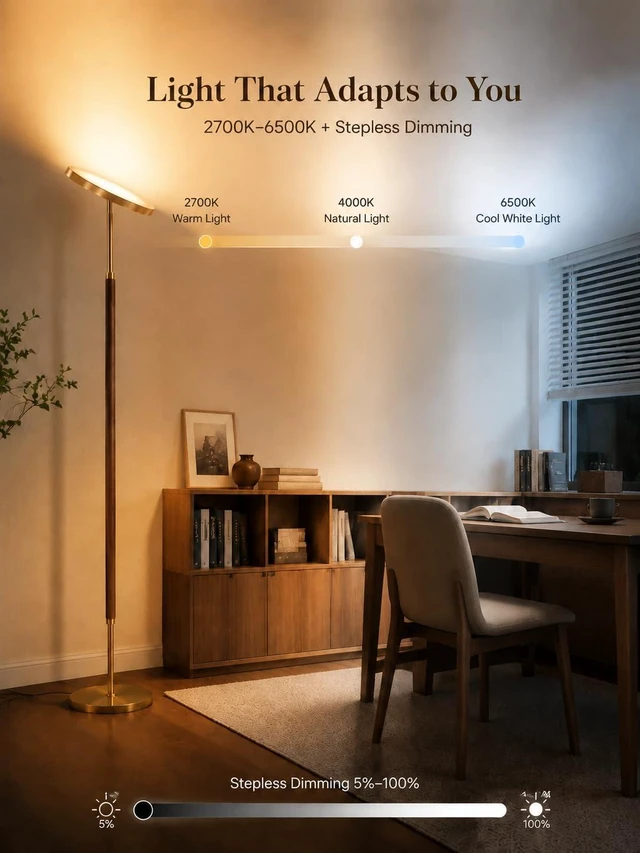 Alt view image 7 of 7 - Wood LED Torchiere Floor Lamp with Remote, 3000LM Dimmable | 69" Tall Uplight, 2700K-6500K Color Temperature, 1-Hour Timer, Eye-Caring Lighting, For Living Room, Bedroom & Office