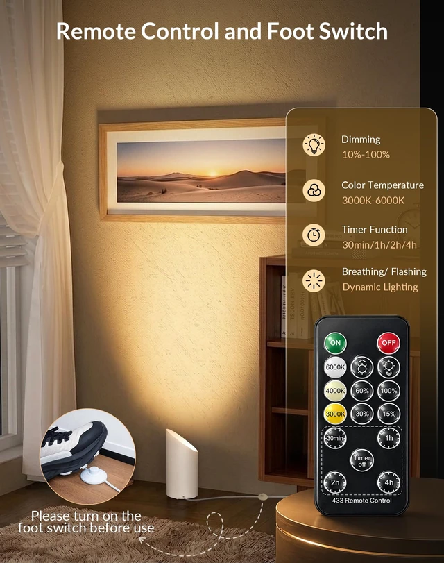 Alt view image 4 of 7 - 2 Pack Uplights Indoor Floor Can Lights, 3CCT with Remote, White | Uplighting Indoor, 3000K-6000K Dimmable, 6.5FT Plug Cord & Foot Switch, SpotLights Indoor for Home Accents, Plants, Artwor