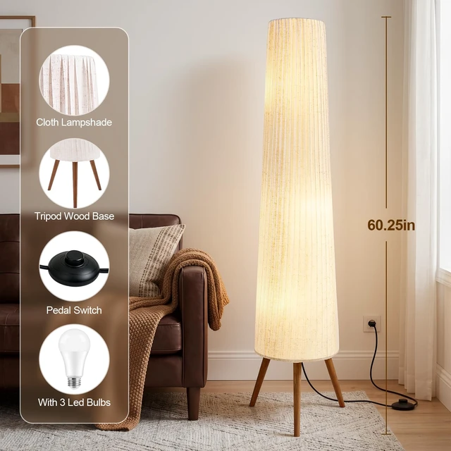 Alt view image 2 of 7 - 60 Inch Oatmeal Wood Floor Lamp, Color Temperature Adjustable | Softlighting Corner Lamp, 3 Bulbs Standing Lamp, Creative Ambient Light for Living Room Bedroom&Office-Bulbs Included